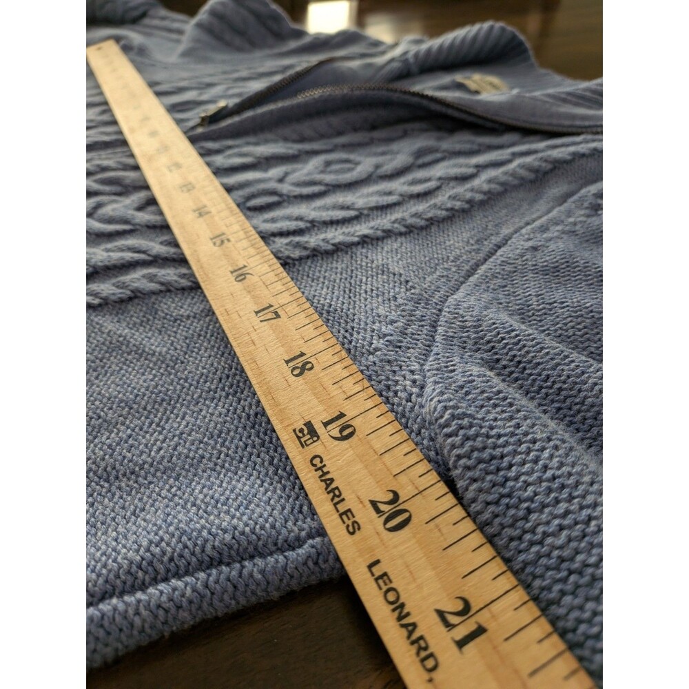 L.L.Bean Cable Knit Full Zip Sweater Size L Blue 100% Cotton Cardigan Cozy - Picture 3 of 8